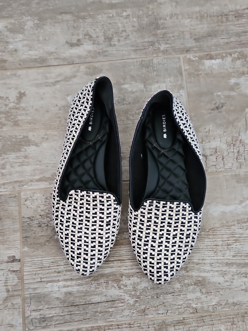 Birdies Black and White Woven Pointed-Toe Flats